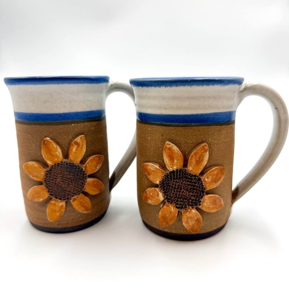 Vintage Steve Ashley Studio Pottery- Kansas Sunflower Stoneware Mugs- Dated 2000